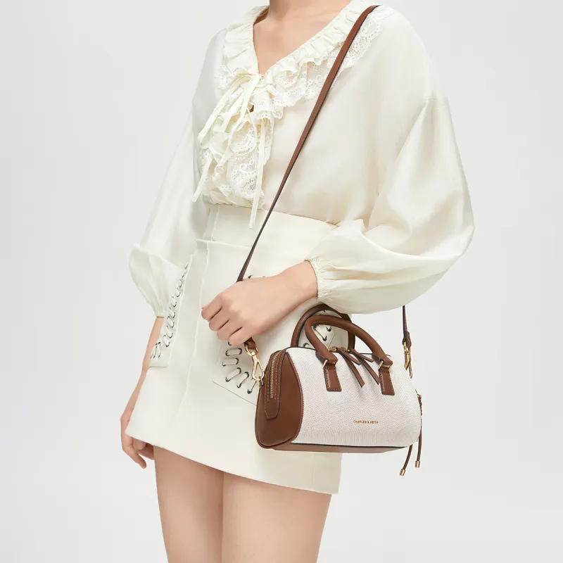CHARLES&KEITH Synthetic Leather Shoulder Bag, Handbag Trumpets Women's Taupe Canvas Beige/Taupe-3