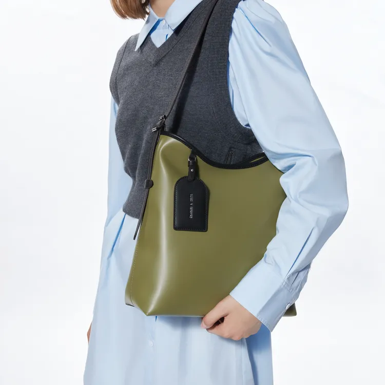 CHARLES&KEITH PU, Textile Tote Bag, Shopping Bag, Shoulder Bag Women's Black/Grey Gray/Olive Green-11