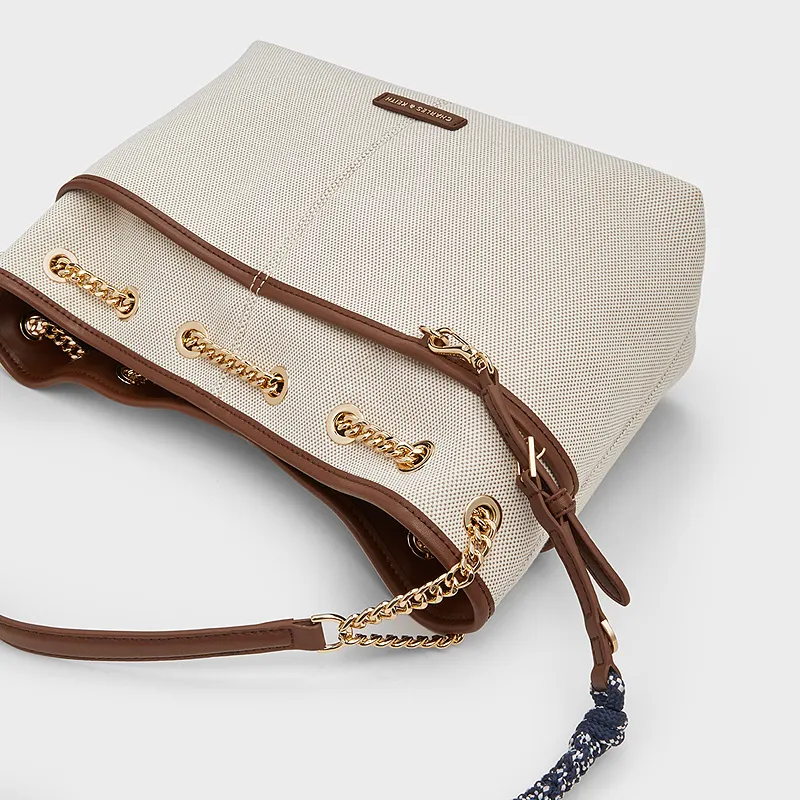 CHARLES&KEITH Fabric, Canvas Shoulder Bag, Crossbody Bag Medium Size Women's Taupe Canvas Beige/Taupe-4