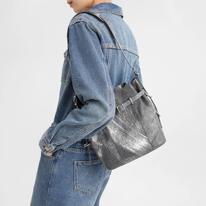 CHARLES&KEITH PU, Textile Mixture Shoulder Bag Medium Size Women's Denim Blue-3