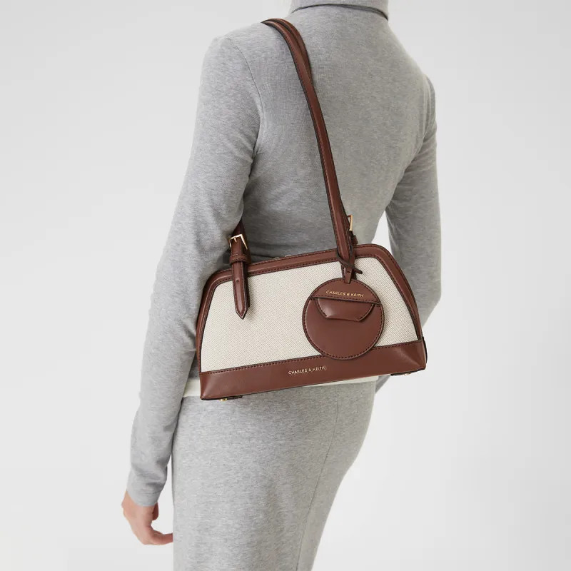 CHARLES&KEITH PU, Textile Mixture Shoulder Bag Medium Size Women's Chocolate/Black-3