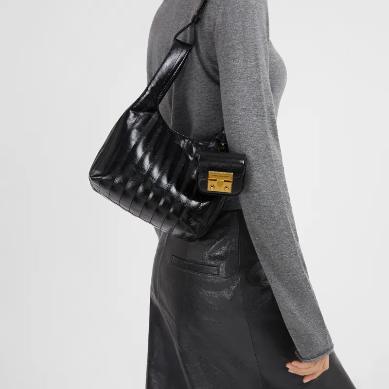 CHARLES&KEITH PU Crossbody Bag Medium Size Women's Black/Cream/Milk White-3