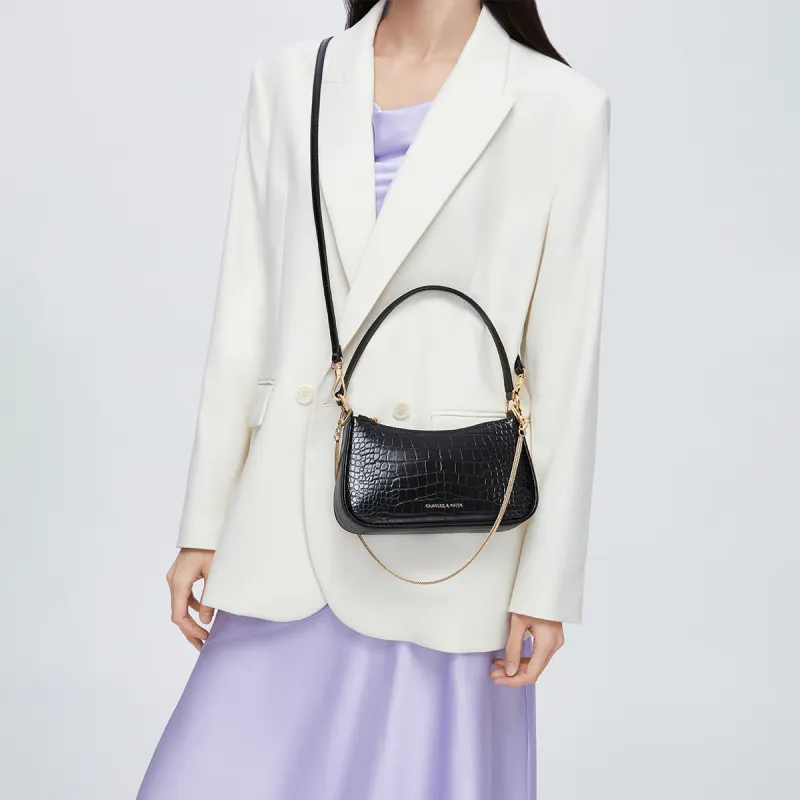 CHARLES&KEITH PU One Shoulder Handbag Trumpets Women's Cream Croco Cream/Black Croco Black-7