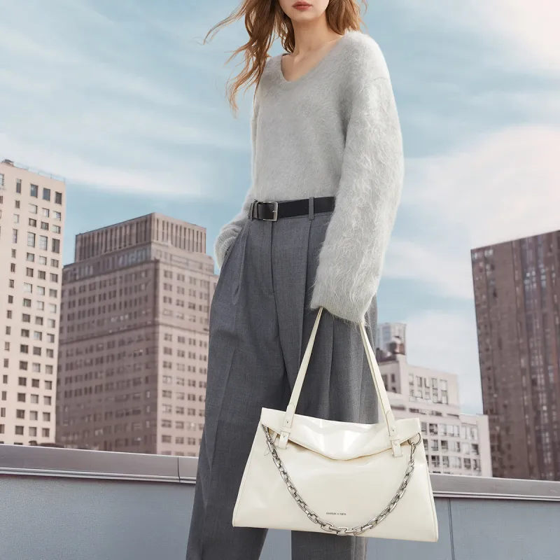 CHARLES&KEITH PU Shoulder Bag Large Size Women's Cream Milk White-5