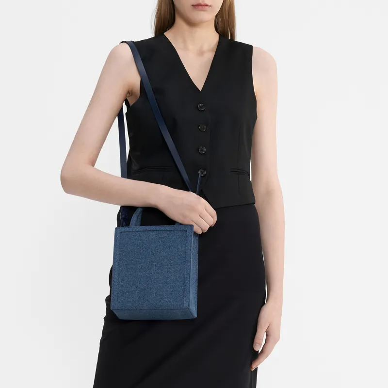 CHARLES&KEITH PU, Textile Tote Crossbody One Shoulder Handbag Trumpets Women's Dark Denim Blue-3