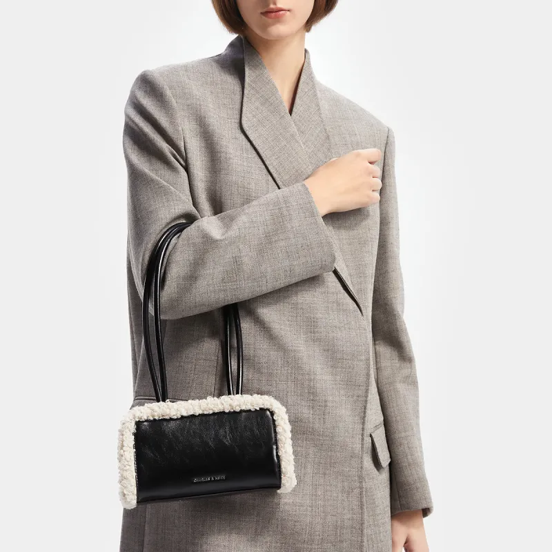CHARLES&KEITH PU Laminated Textile Shoulder Bag Small Size Women's Chalk Pink/White/Camel-4