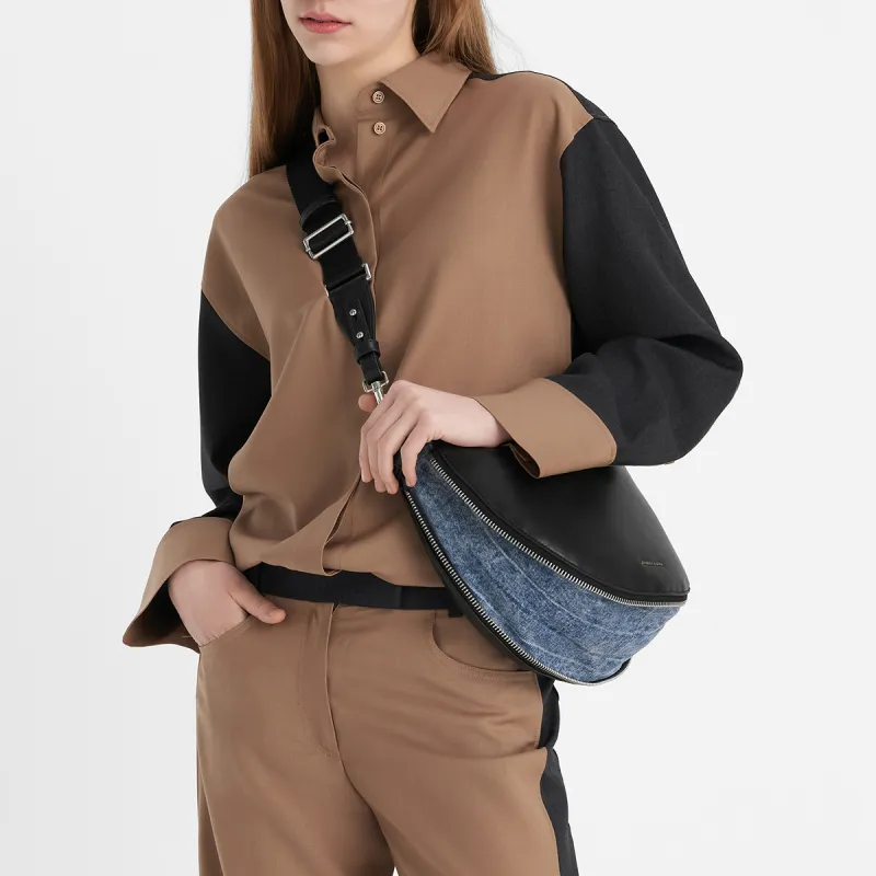 CHARLES&KEITH Pu Shoulder Bag Medium Size Women's Noir Black/Cream Milk White/Tan Tea Brown-3