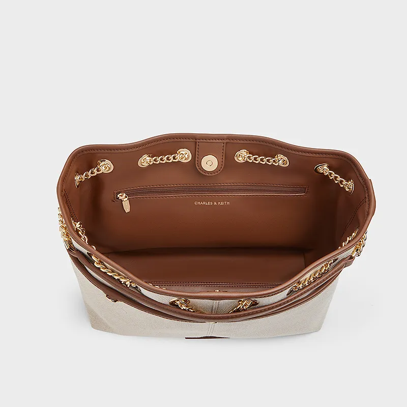 CHARLES&KEITH Fabric, Canvas Shoulder Bag, Crossbody Bag Medium Size Women's Taupe Canvas Beige/Taupe-3