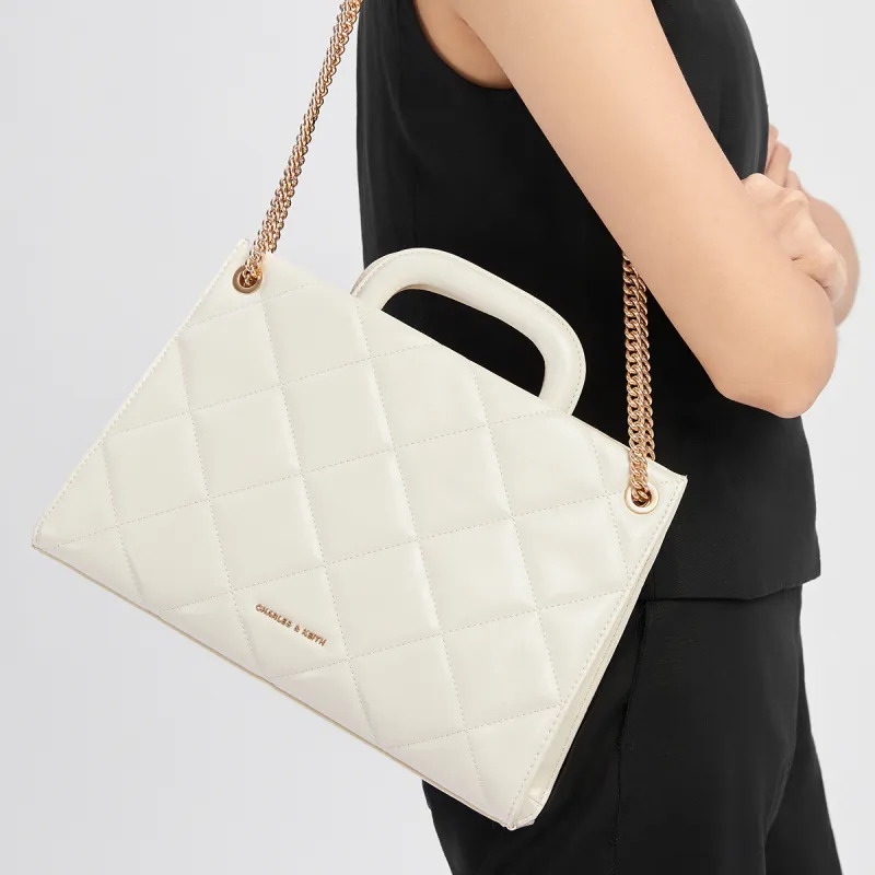 CHARLES&KEITH PU One Shoulder Handbag Medium Size Women's Black/Cream, Milk White/Silver-8