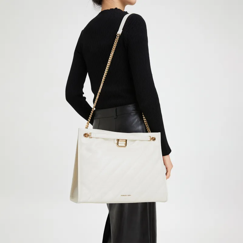 CHARLES&KEITH PU Shoulder Bag Large Size Women's Black/Milk White/Fuchsia-13