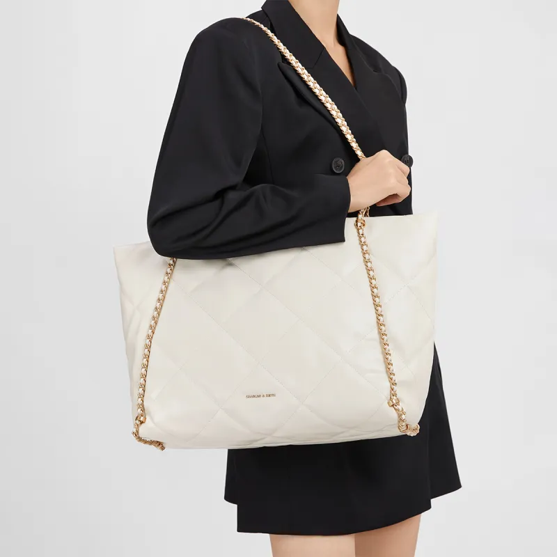 CHARLES&KEITH PU Shoulder Bag Extra Large Women's Black/Grey/Cream/Milk White-8