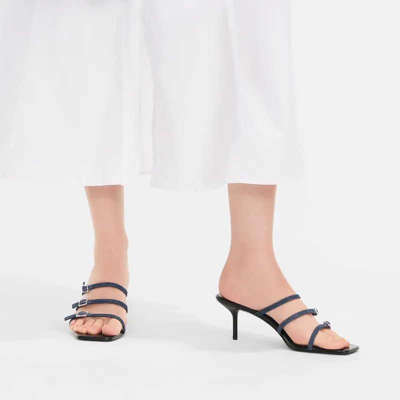 CHARLES&KEITH Composite Sole Slide Slippers 6.5cm Women's Black Patent Black/Silver/Dark Denim Blue-14
