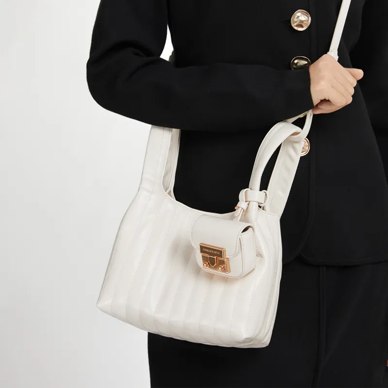 CHARLES&KEITH PU Crossbody Bag Medium Size Women's Black/Cream/Milk White-9