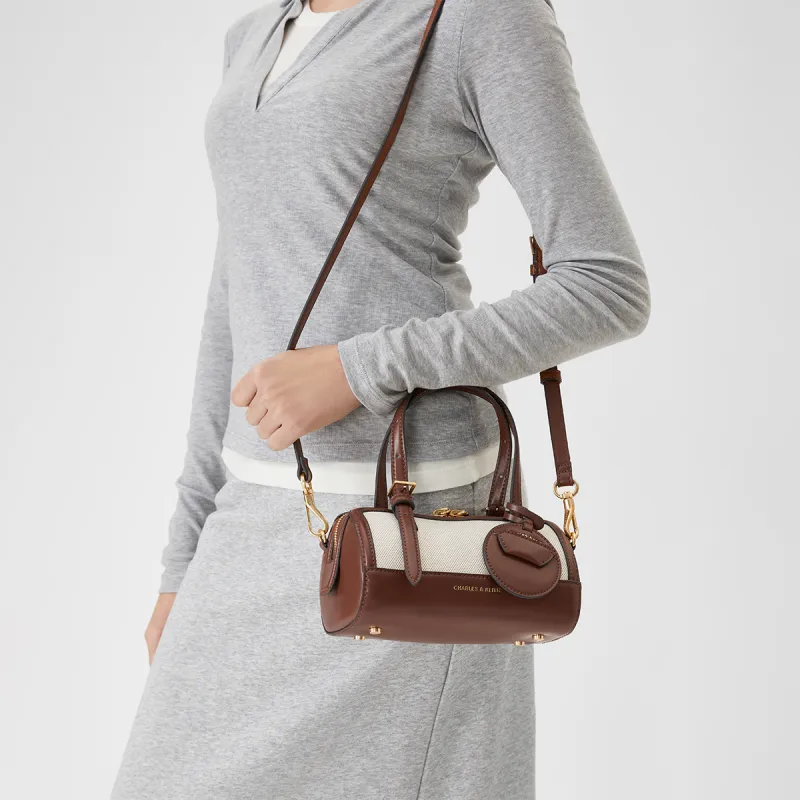 CHARLES&KEITH PU, Textile Mixture Handbag, Shoulder Bag, Crossbody Bag Trumpets Women's Chocolate/Black-3