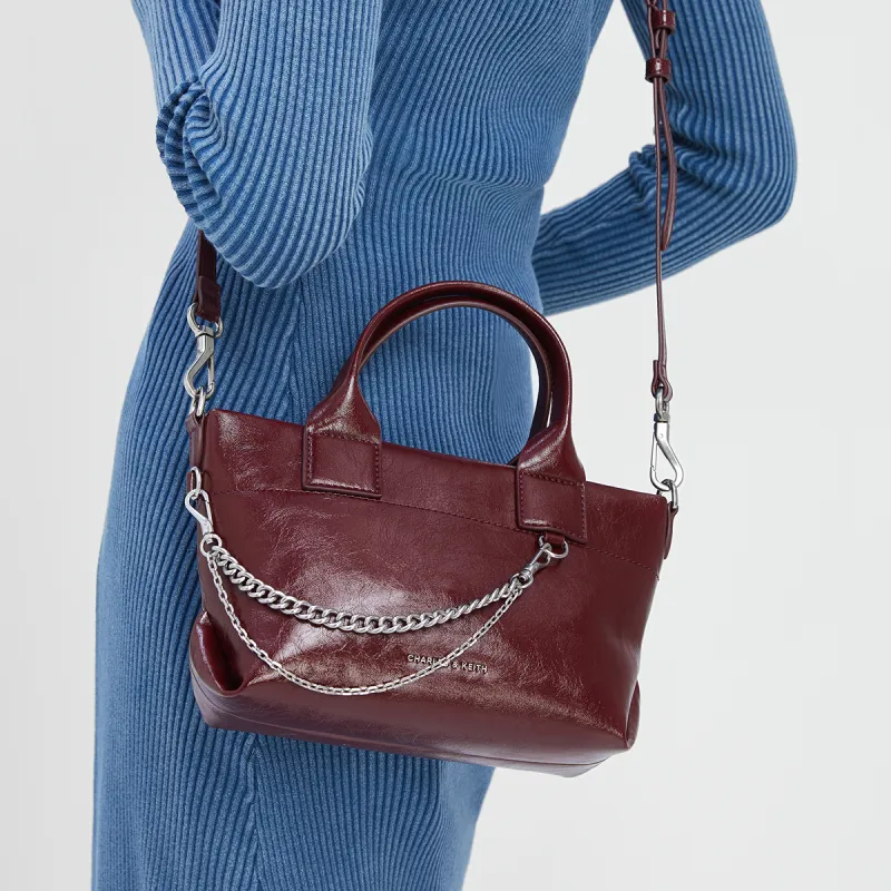 CHARLES&KEITH PU Shoulder Bag Small Size Women's Noir Black/Pewter Grey/Burgundy Wine Red-15