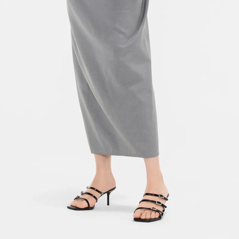 CHARLES&KEITH Composite Sole Slide Slippers 6.5cm Women's Black Patent Black/Silver/Dark Denim Blue-4