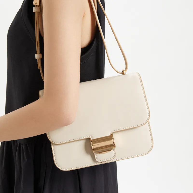 CHARLES&KEITH Polyurethane Synthetic Leather Crossbody Bags Medium Size Women's Beige/Chocolate-3