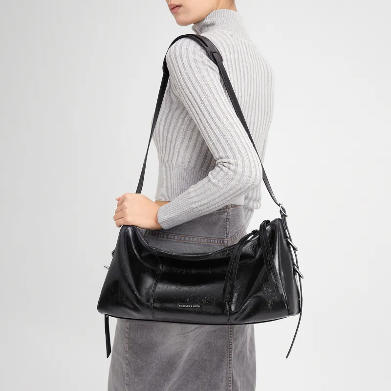 CHARLES&KEITH PU Shoulder Bag Tubas Women's Noir Black/Cream Milk White-3