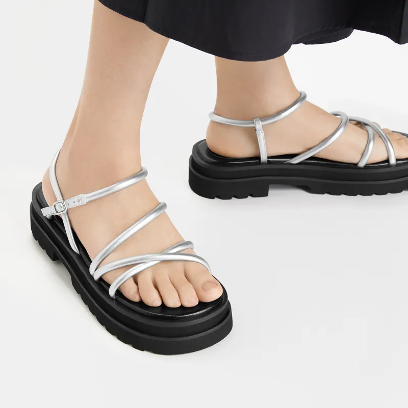 CHARLES&KEITH Small Ck One Strap Sandals 4.1cm Women's Silver/Silver/Beige/Beige/Black-3