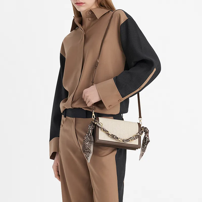 CHARLES&KEITH Scarf Canvas Series Fabric Canvas Bag, Small Square Bag, Crossbody Bag, Handbag Regular Women's Beige-3