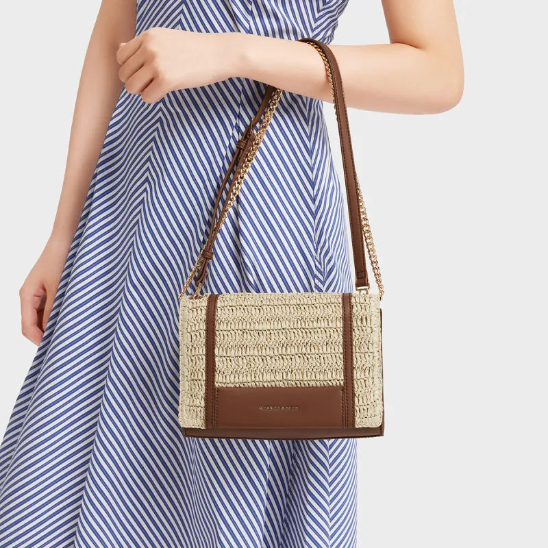 CHARLES&KEITH Synthetic Material Crossbody Bag, Shoulder Bag Women's Natural Raffia Beige/Brown-2