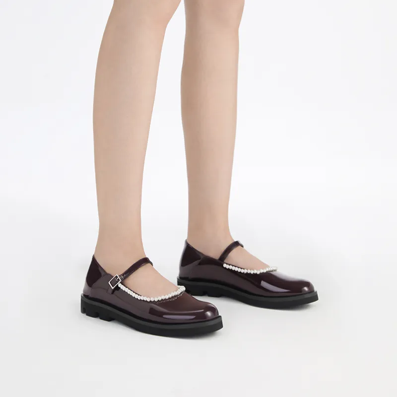 CHARLES&KEITH Mary Jane Shoes Women's Low Top Black Textured/Black/Maroon-8