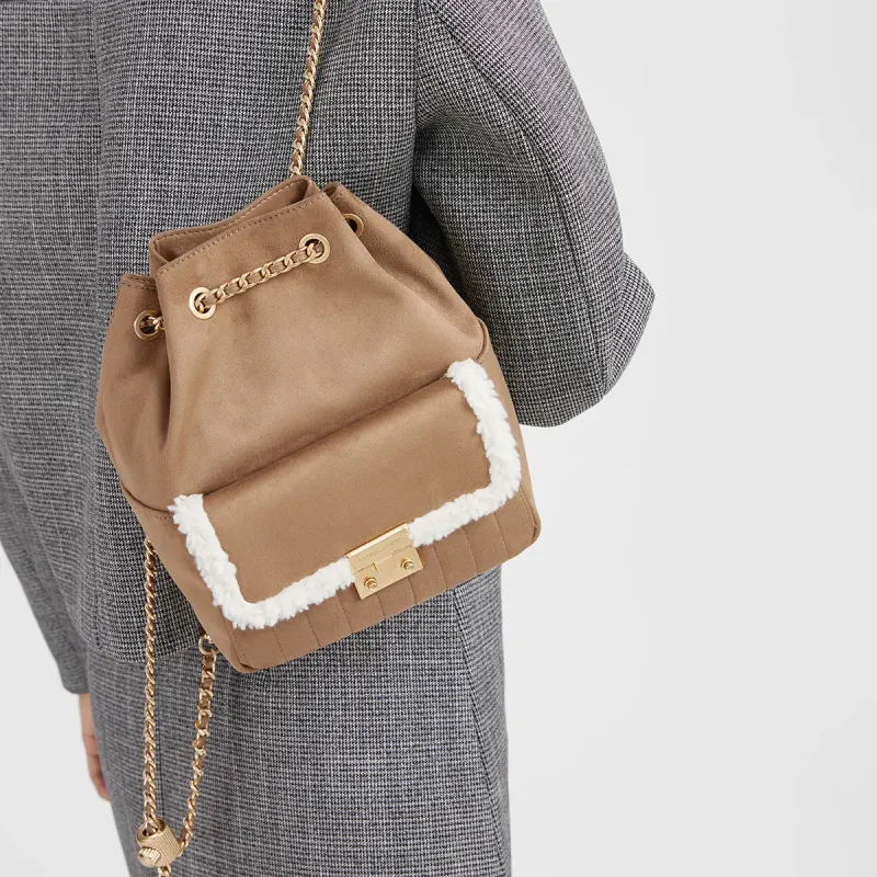 CHARLES&KEITH PU, Textile Mixture Backpack Medium Size Women's Tan Tea Brown-4