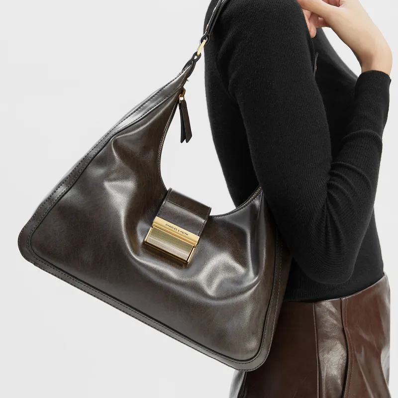 CHARLES&KEITH PU Shoulder Bag Large Size Women's Dark Moss/Toffee-3