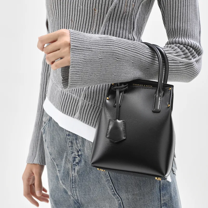 CHARLES&KEITH PU Shoulder Bag Trumpets Women's Black/Toffee Medium Umber/Pewter Tin Gray-3