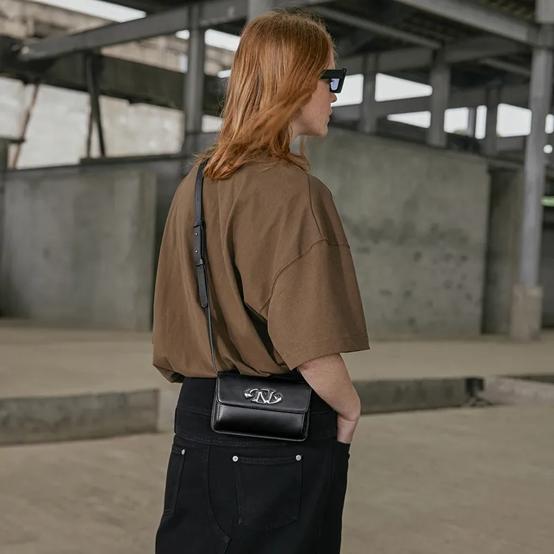 NORIZON Full Grain Cow Leather SLASH Crossbody Bag Shoulder Bag With Cell Phone Pouch Small Bag Unisex Brown/Black-4
