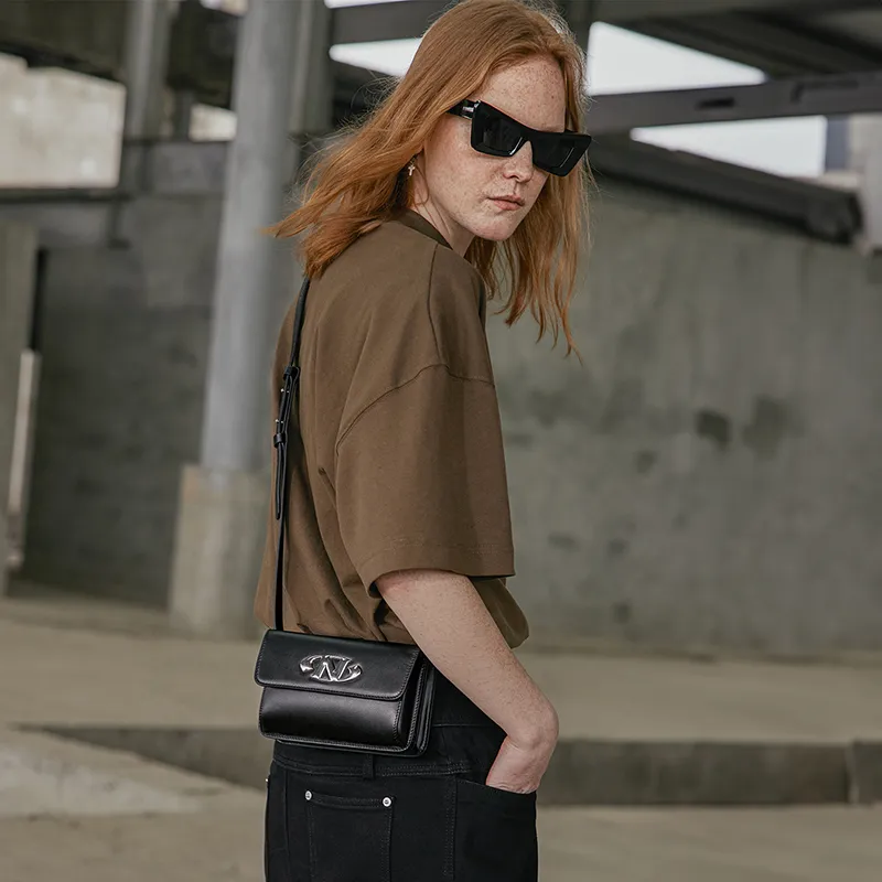 NORIZON Full Grain Cow Leather SLASH Crossbody Bag Shoulder Bag With Cell Phone Pouch Small Bag Unisex Brown/Black-2