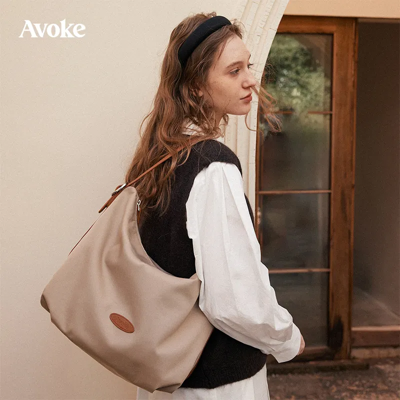 AVOKE Nylon With Cow Leather Tote Shoulder Bag, Crossbody Bag Unisex Multicolor-4