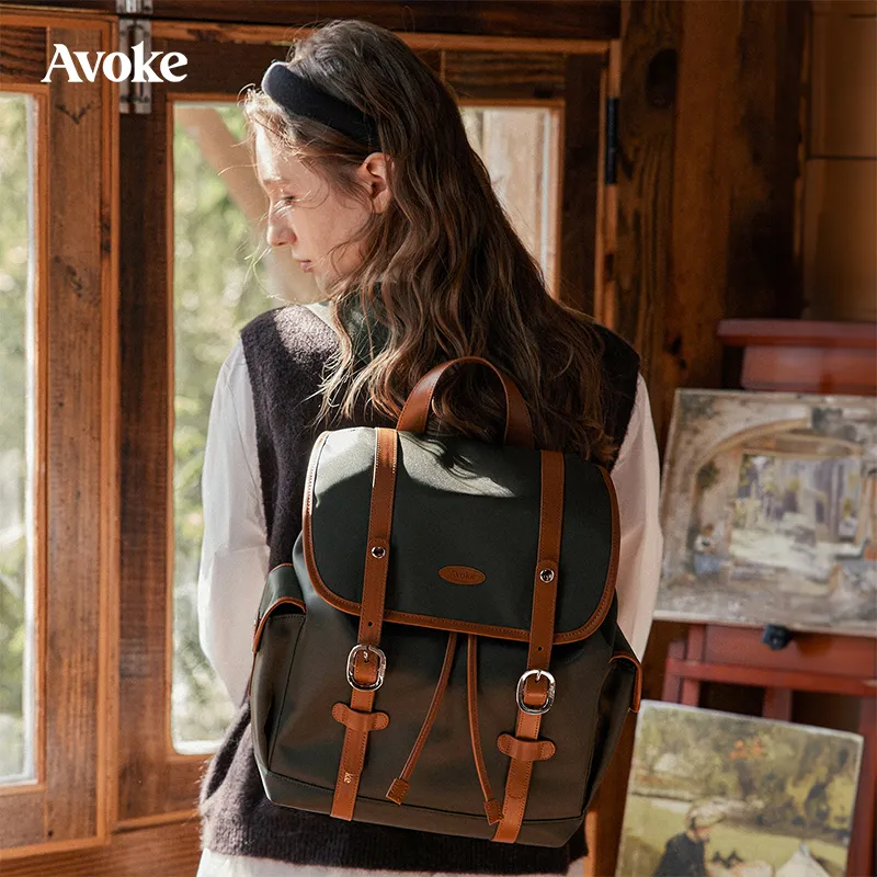 AVOKE Composite Water Resistant Pine Bottom Nylon With Full Grain Cow Leather Backpack Backpack Unisex Multicolor-9