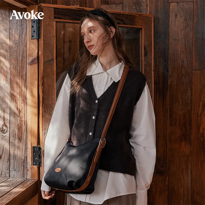 AVOKE Nylon With Cow Leather Tote Shoulder Bag, Crossbody Bag Unisex Multicolor-17