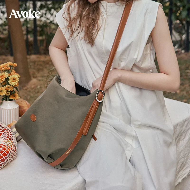 AVOKE Nylon With Cow Leather Tote Shoulder Bag, Crossbody Bag Unisex Multicolor-12