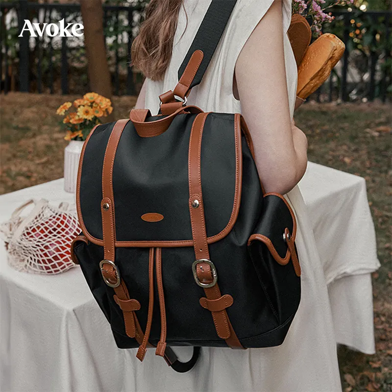 AVOKE Composite Water Resistant Pine Bottom Nylon With Full Grain Cow Leather Backpack Backpack Unisex Multicolor-16