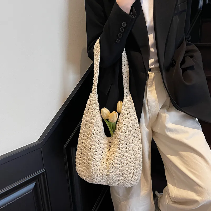 HACIN Straw Woven Handbag, Shoulder Bag Regular Women's Ecru/Khaki-1
