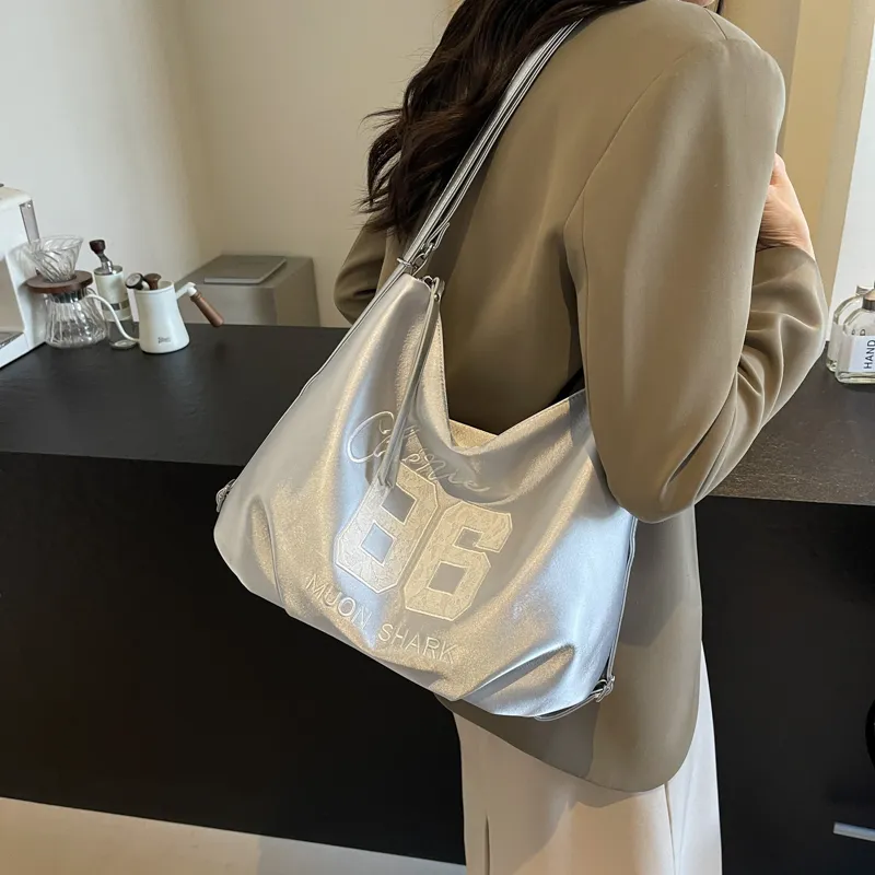 HACIN Synthetic Leather Tote Portable Crossbody Bag, Shoulder Bag Women's White/Silver/Black/Blue-4