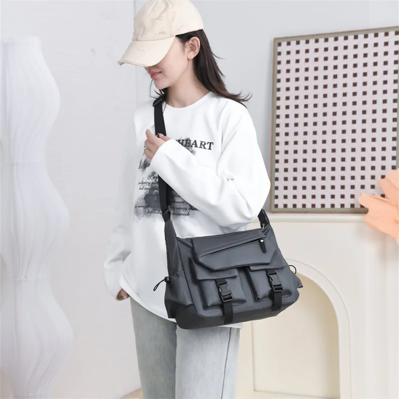 HACIN Nylon Fabric Shoulder Bag, Crossbody Bag Men's Gray/Black-4