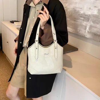 HACIN PU Tote Bag, Shopping Bag, Shoulder Bag Women's Ecru/Black/Brown