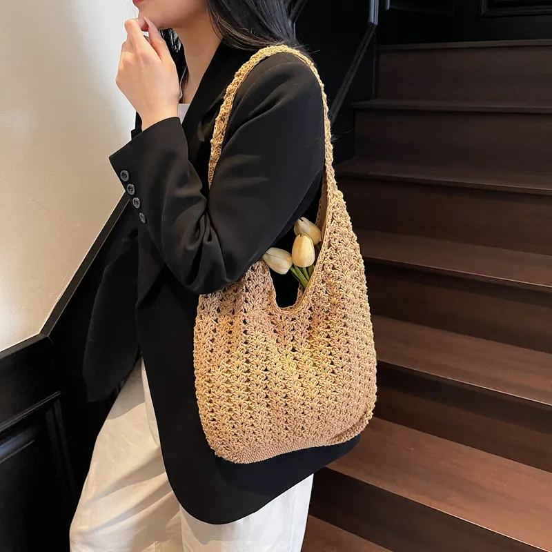 HACIN Straw Woven Handbag, Shoulder Bag Regular Women's Ecru/Khaki-11