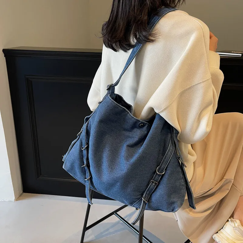 HACIN Denim Shoulder Bag Women's Black/Light Blue/Dark Blue-8