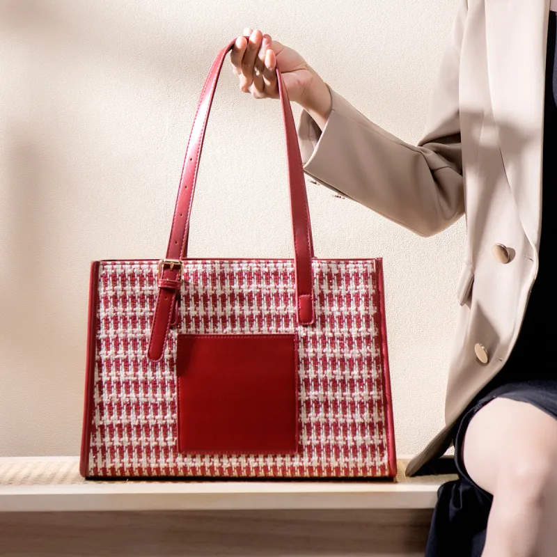 HACIN PU Tote Bag Shopping Bag Crossbody One Shoulder Handbags Women's Red-4