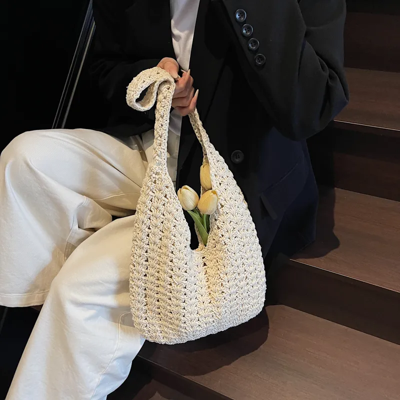 HACIN Straw Woven Handbag, Shoulder Bag Regular Women's Ecru/Khaki-2