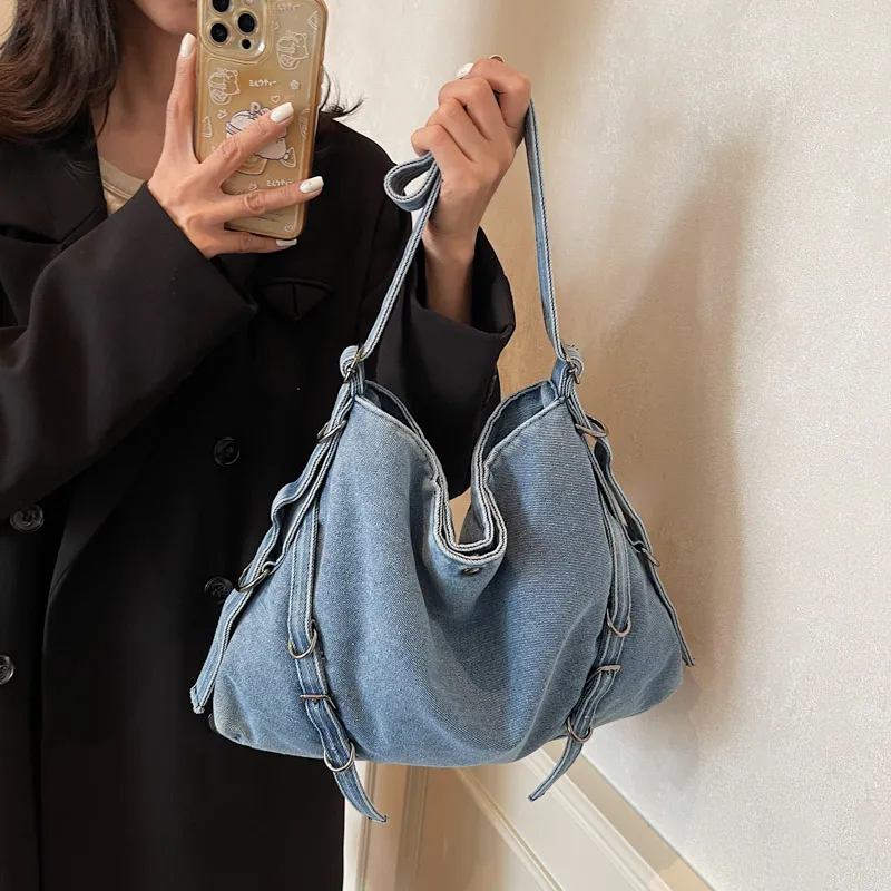 HACIN Denim Shoulder Bag Women's Black/Light Blue/Dark Blue-3