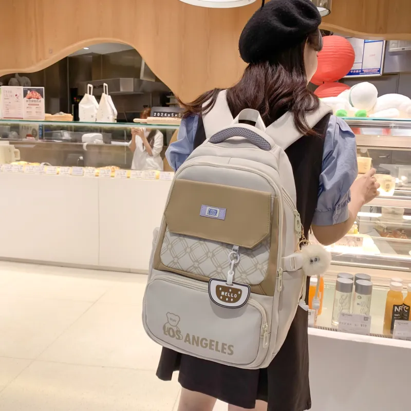 HACIN Nylon Backpack Women's Khaki/Sky Blue/Pink/Black-0
