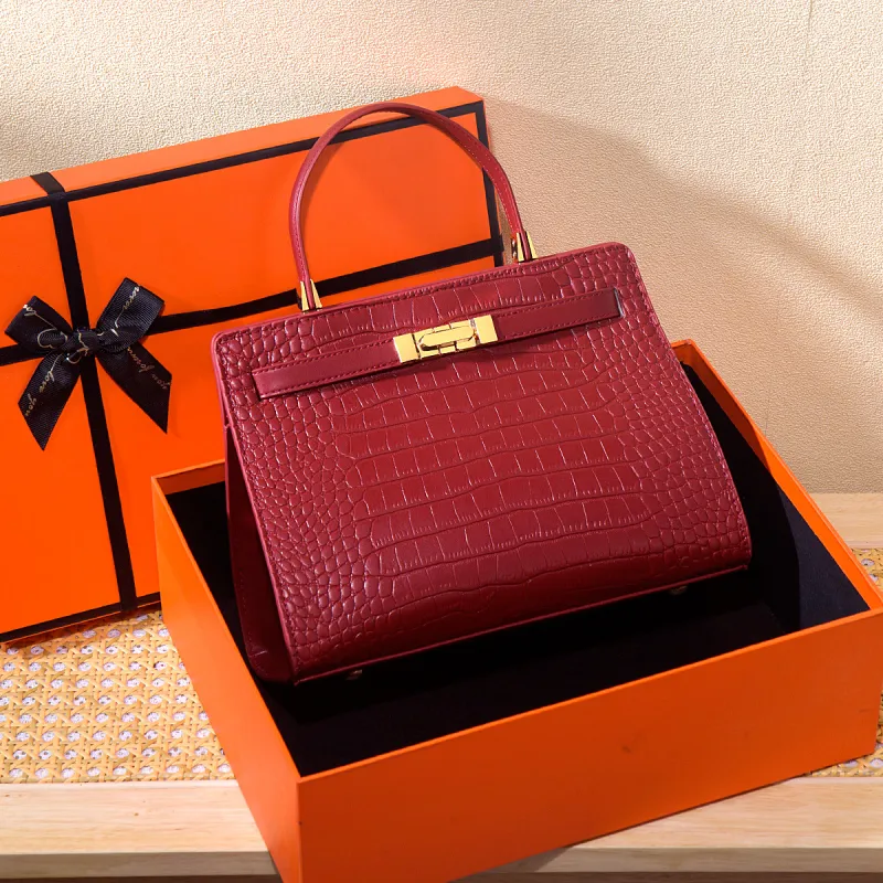 HACIN PU Crossbody One Shoulder Handbag Women's Crocodile Pattern Red-5