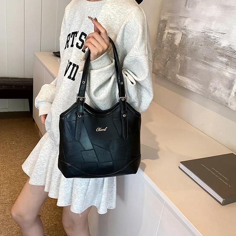 HACIN PU Tote Bag, Shopping Bag, Shoulder Bag Women's Ecru/Black/Brown-5