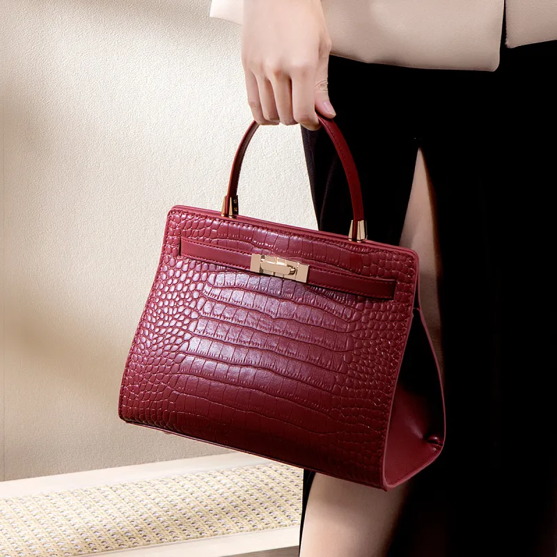 HACIN PU Crossbody One Shoulder Handbag Women's Crocodile Pattern Red-3