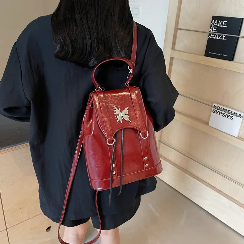 HACIN PU Backpack Women's Black/Burgundy/Brown-3
